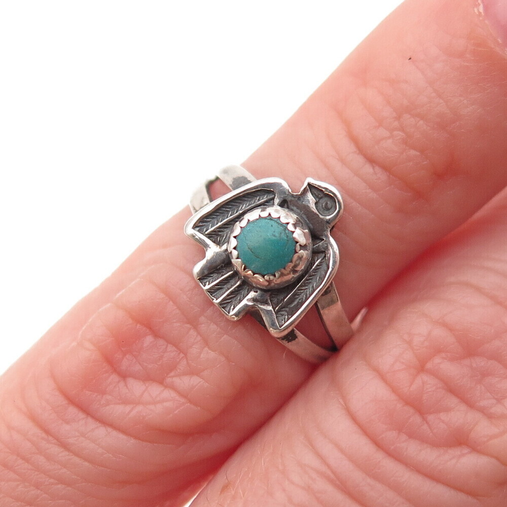Old Pawn 925 Sterling Silver Vintage Turquoise Thunderbird Baby Ring Size 1.75